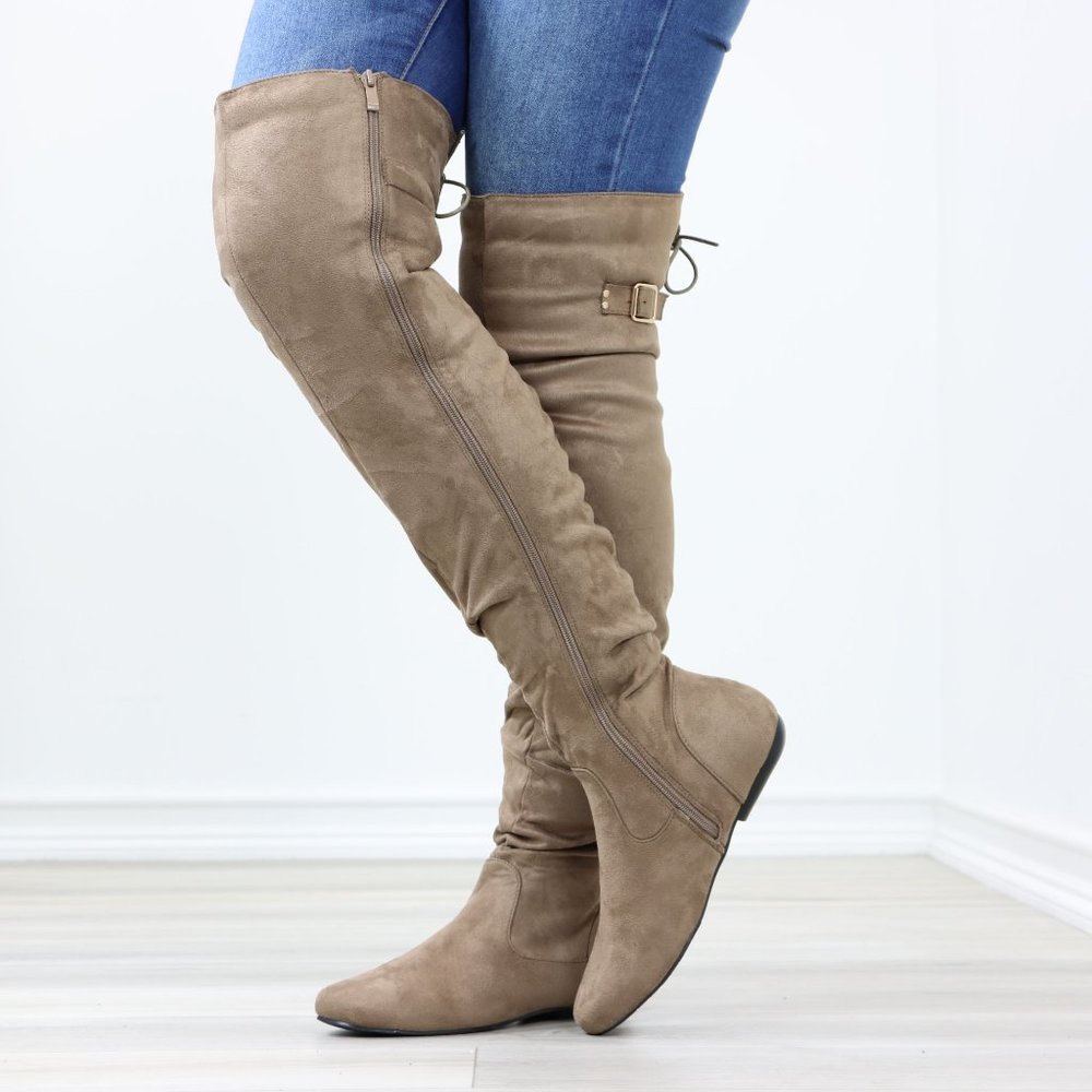 Taupe Thigh High Over The Knee Flat Boots Faux Suede Laced Back - Picture 10 of 15